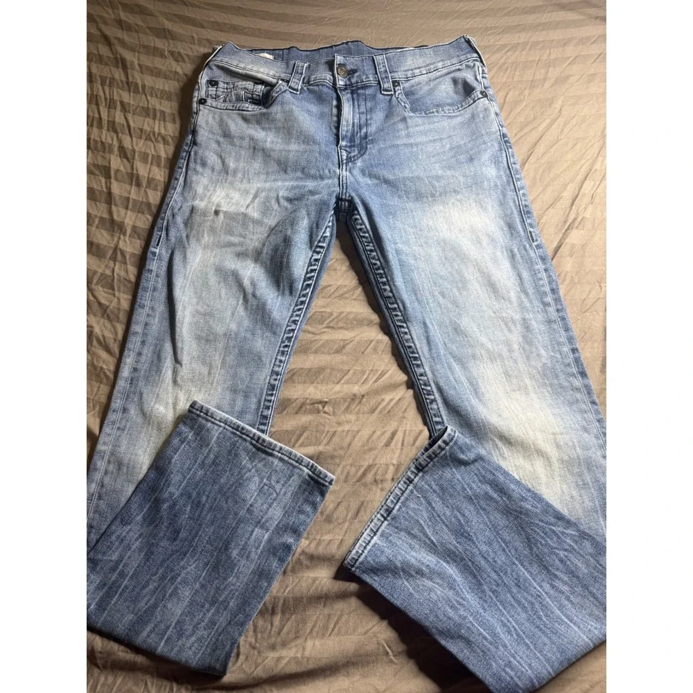 True Religion World Tour Straight Leg Light Wash Blue‎ Denim Jeans Mens 33x32